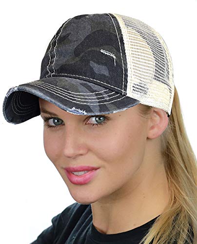 C.C Ponycap Messy High Bun Ponytail Adjustable Mesh Trucker Baseball Cap Hat - color: Camo Black