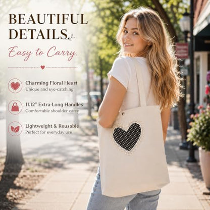Christian Tote Bag Gift for Women, Canvas Bible Bag Handmade Floral Cross - color: Cream-brown Polka Dot