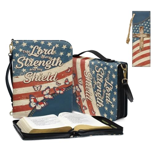 Bible Cover for Women Men with Bookmark and Shoulder Strap Large Leather Bible Case Vintage Bibles Protector - color: American Flag Butterfly and Cross, size: Large