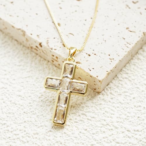 Gold Cross Necklace for Women, 14K Gold Plated - style: Square-Cut Zircon Cross