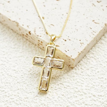 Gold Cross Necklace for Women, 14K Gold Plated - style: Square-Cut Zircon Cross