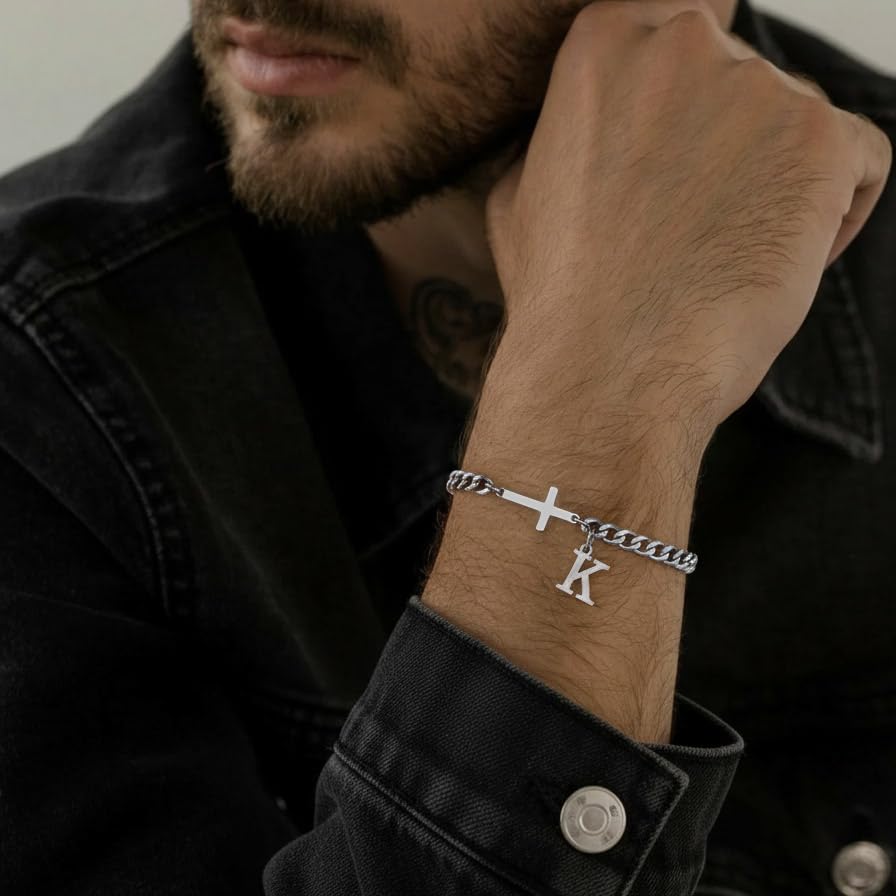 Cross Bracelets for Men Initial A - Z Faith Cross Bracelets Gifts - color: Silver D