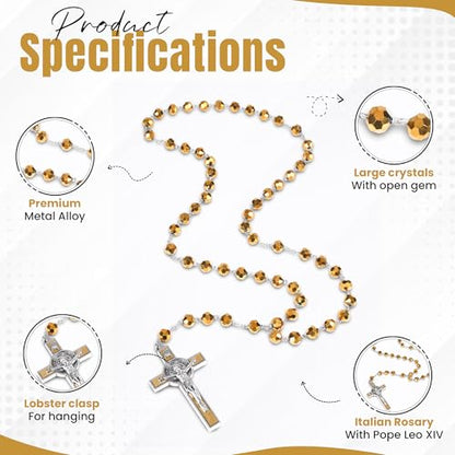 SANCTUM VERITAS Catholic Rosary Necklace | Large Italian Prayer Beads, Gift - style: Gold Crystal