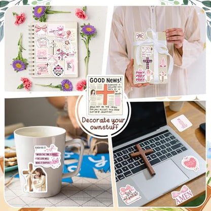 60PCS Pink Watercolor Bible Stickers - Delicate Christian Journaling Decals, Waterproof Faith Stickers for Women's Laptops, Water Bottles & Prayer Journals (Floral Scripture Gifts) - color: Pink Bible