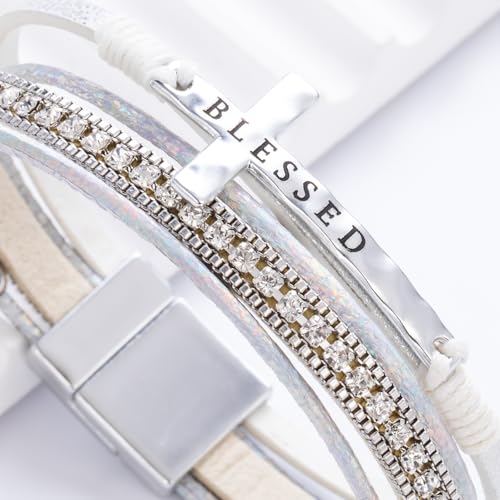 Christian Cross Leather Bracelets Boho Western Blessing Religious Jewelry - color: White