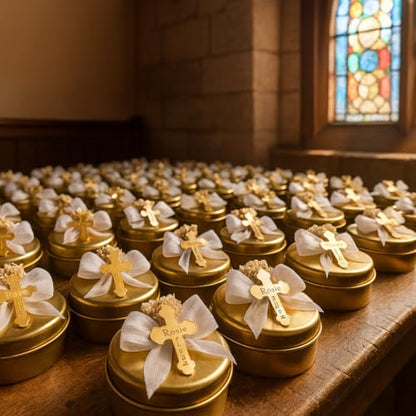 Christening & Baptism Candle Favor Set – Personalized Cross Ribbon Candles for Guests