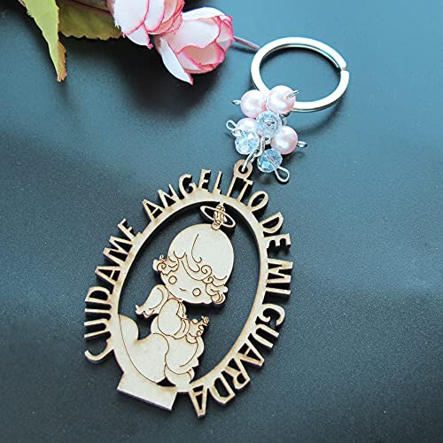 12 PCS Angel Keychain Baptism Favor Pink Beads Wood Design Bags