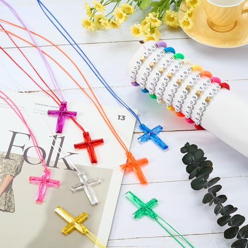 Equsion 48 Pcs Cross Necklaces Christian Religious Easter Party Favors Include 24 Plastic Crystal Cross Necklace DIY Craft Gifts with 24 Bracelet for Easter Vacation Bible Prize Favor(Jesus Loves You)