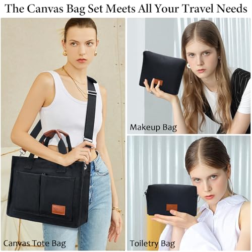 KKXIU Large Canvas Tote Bag for Women with Zipper and Compartments Crossbody Work Bible Messenger Purse Bag With Pockets - color: Black Set, size: Large