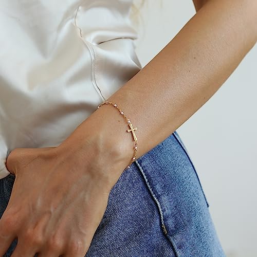 18K Gold Plated Pearl Bracelets for Women Dainty Waterproof - style: White Cross-Gold