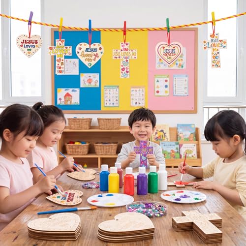 Blueweenly 24 Pcs Christian Vbs Crafts Kits for Classroom DIY Unfinished Wood Jesus Loves Me Art and Craft Cross and Heart Shaped Religious Hanging Ornament for Sunday School Classroom Home Activities