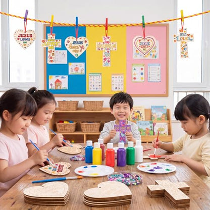 Blueweenly 24 Pcs Christian Vbs Crafts Kits for Classroom DIY Unfinished Wood Jesus Loves Me Art and Craft Cross and Heart Shaped Religious Hanging Ornament for Sunday School Classroom Home Activities