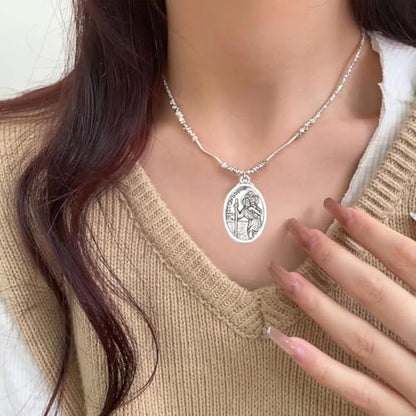 ASIJUNTYECHO St Christopher Protect Us Medal Charms, Vintage Silver Oval Religious Medals, 12Pcs Holy Catholic Rosary Pendants for DIY Jewelry Making Necklace Bracelet Keychain