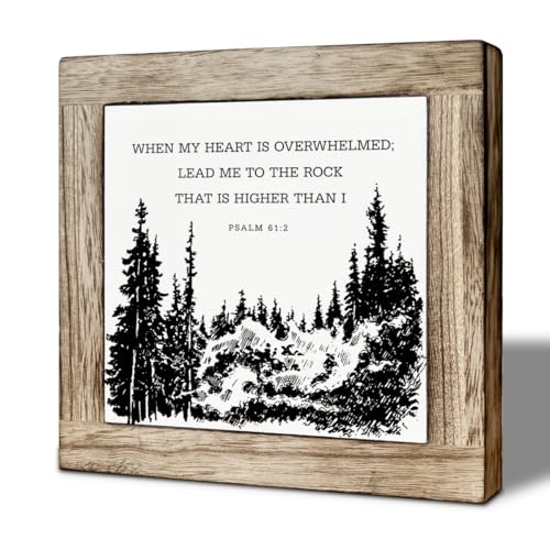 Christian Wooden Desk Decor Sign, When My Heart Is Overwhelmed, Lead Me to the Rock, Farmhouse Bible Verse Psalm 61:2 Tabletop Sign, Inspirational Religious Gift for Friends Family - color: color02