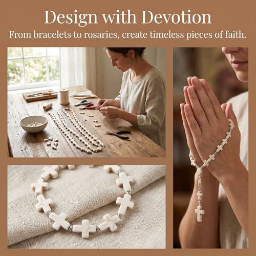 Jucoan 240 PCS White Turquoise Cross Spacer Beads Chunky Beads Mini Religious Cross Charms Beads for DIY Bracelets, Necklaces, Rosary for Wedding Easter Baptism First Communion Confirmation Christian