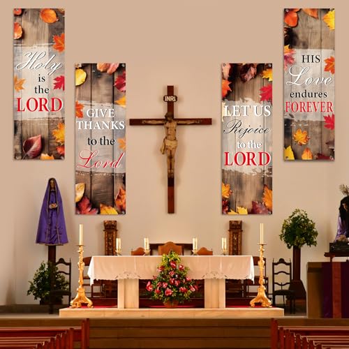 4Pcs Church Banners for Sanctuary Wall Welcome Inspirational Religious Banners Hanging Backdrop Fall Wood Board Maple Leaves Church Scripture Bible Verses Banner for Thanksgiving Holiday School Decor - style: Gray Fall Wood