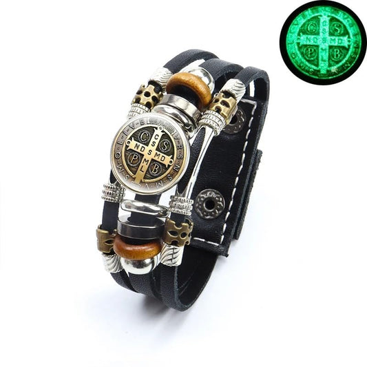 925 Sterling Silver San Benito Bracelet For Men - Luminous St Benedict Bracelets Leather Catholic San Benito Snap Button Bangles Multilayer Wristband, Rosario De San Benito, Pulseras De San Benito - color: 7 - San Benito Bracelet