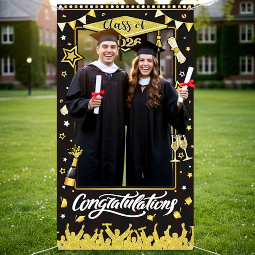 WovWeave Class of 2026 Graduation Photo Booth Props Frame 71x39 Inch - Black and Gold Graduation Decorations Backdrop Large Congratulations Banner for High School College Party Selfie Background - style: Black Gold Grad