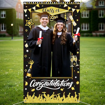 WovWeave Class of 2026 Graduation Photo Booth Props Frame 71x39 Inch - Black and Gold Graduation Decorations Backdrop Large Congratulations Banner for High School College Party Selfie Background - style: Black Gold Grad