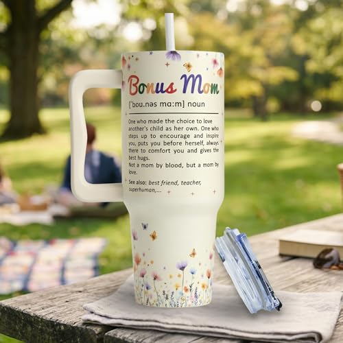 Bonus Mom Gifts 40 Oz Tumbler with Handle and Straw, Bonus Mom Gift with Funny Nutrition Facts Design, Gifts for Step Moms, Birthday Gifts for Bonus Moms from Daughter, Son or Family - color: Bonus Mom