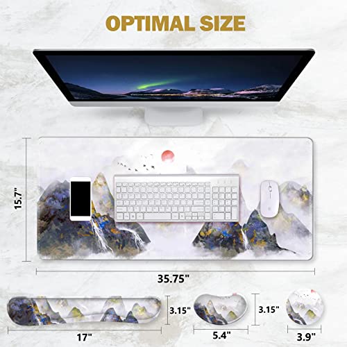 ToLuLu Extended Gaming Mouse Pad, Memory Foam Ergonomic Keyboard Mouse Wrist Rest Support Set, Large Desk Mat with Stitched Edges, Non-Slip Base Mousepad for Home Office Game Study, Ink Mountain - color: Ink Mountain