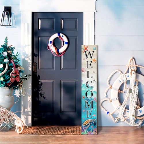 Sea Turtle Welcome Sign for Front Door, Summer Porch Sign Beach Decor Yard Sign for Outdoor Standing Wood Door Sign for Garden Tall Seasonal Welcome Vertical Signs for Patio Wall Home - color: Sea Turtle