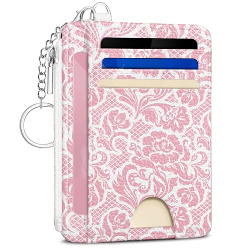 Pink Floral Credit Card Holder Wallet for Women, Thin Front Pocket Card Holder Case with ID Window, Slim RFID Blocking Small Wallet with Keychain Zipper Coin Pocket,Pink Floral Travel Ladies Gifts - color: Flower