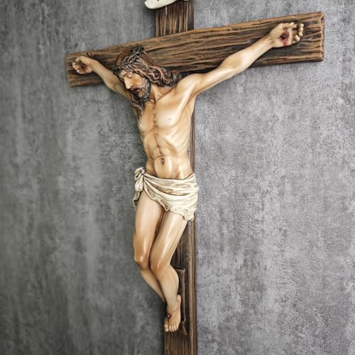 BC Catholic Crucifix Wall Cross, 14"H Jesus Statue Cross for Wall - size: 14"L x 7.7"W