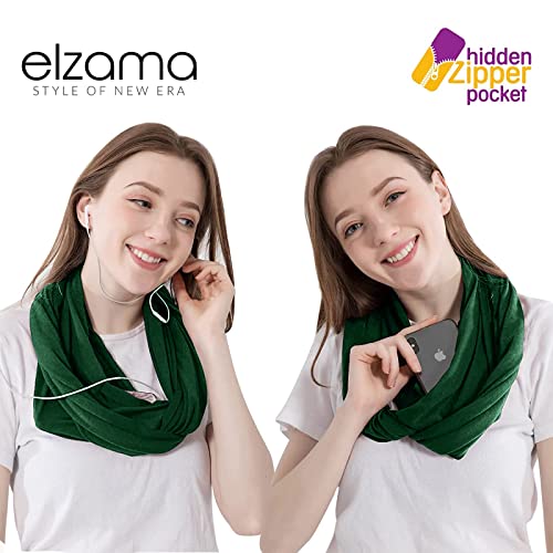 elzama Infinity Loop Solid Color Scarf With Hidden Zipper Pocket For Women - Lightweight Travel Neck Wrap - color: 11-dark Green