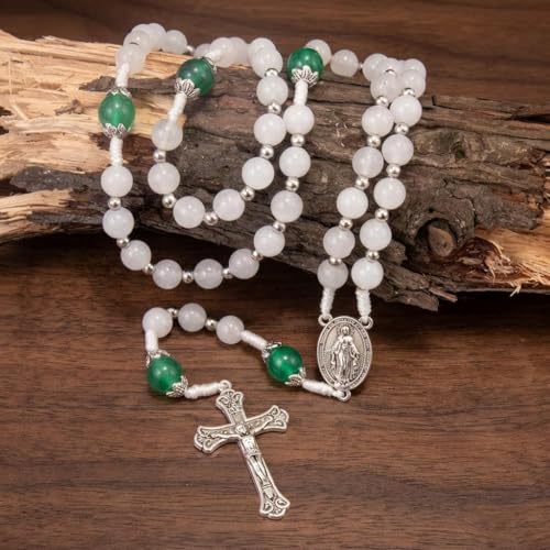 Nazareth Store 8mm White Jade & 10mm Natural Stone Beads Rosary Necklace St. Miraculous Medal & Cross Crucifix Catholic Prayer Beads Religious Jewelry - color: Green Jade