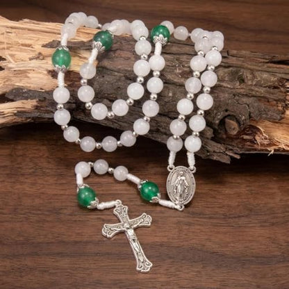 Nazareth Store 8mm White Jade & 10mm Natural Stone Beads Rosary Necklace St. Miraculous Medal & Cross Crucifix Catholic Prayer Beads Religious Jewelry - color: Green Jade