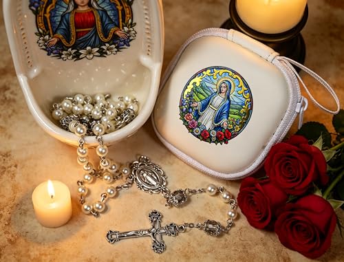 Handmade Rosary Beads for Women, Elegant Catholic Gifts for First Communion, Confirmation & Spiritual Prayer, Unique Beaded Rosary Necklace with Zippered Case - color: White - Our Lady Virgin Mary