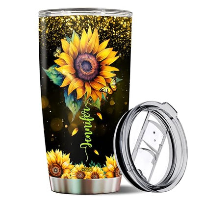 Personalized Sunflower Tumbler Gifts for Women Floral Cup Insulated Stainless Steel 20oz With Lid Travel Coffee Mug Gift for Mom Daughter Sister Friends Wife - color: Sunflower