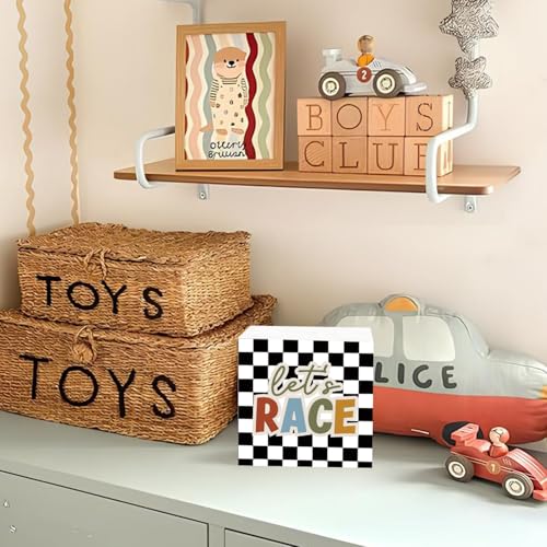 Lacama Race Car Room Decor, Let's Race Black Checkered Sign Decor, Race Car Playroom Wall Decor for Kids Nursery Bedroom Table Decor 5x5 Inches - color: Race Car-Let's Race (5x5)