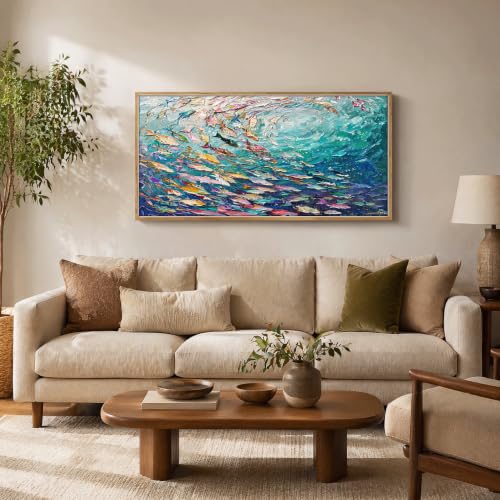 KIRFOLUC Abstract Ocean Wall Art, Large Framed Textured Print Painting - color: Fish, size: 48"L x 24"W