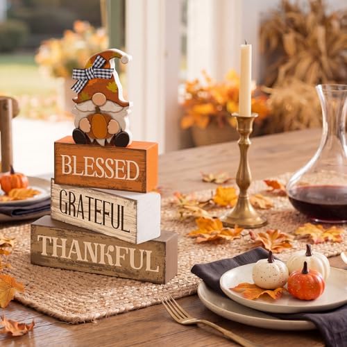 Lineshading 4 Pcs Fall Gnome Block Signs Thanksgiving Tiered Tray Decor - style: Blessed Gnome