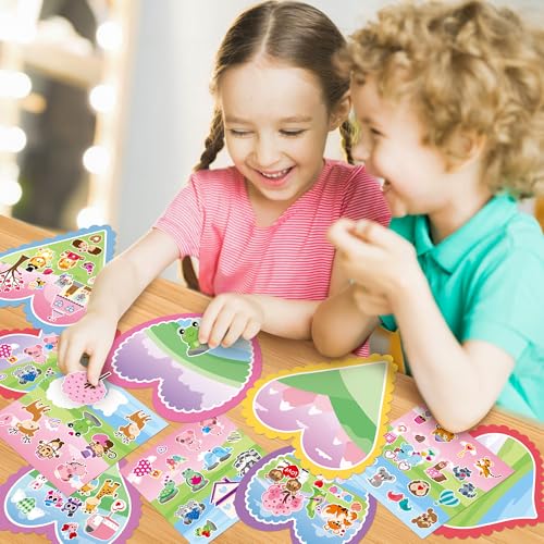 CY2SIDE Valentines Heart Stickers Scene - 12 Sets of Valentine’s Day Fun Animal Pig Frog Sticker for School Activities DIY Party Supplies for Classmates Classroom Exchange Gifts - style: Valentines heart