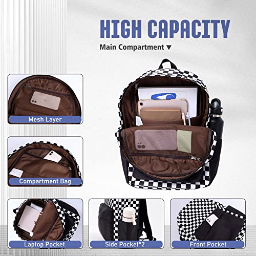 UREYMX Checkered Backpack - School Backpack for Kids, Large Capacity, Waterproof, Lightweight, Black - color: Black and White Plaid