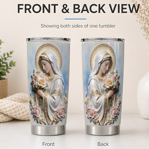 Virgin Mary Floral Bouquet Art 20oz Tumbler, Virgin Mary Tumbler for Daily Drinkware, Blue Halo Statue Illustration, Catholic Devotional Cup, Religious Design for Women Men Church Use - color: Virgin Mary 4