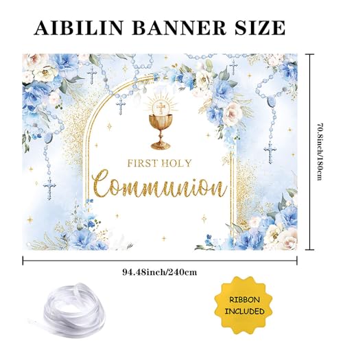 AIBIIN 8x6ft First Holy Communion Backdrop for Boy Mi Primera Comunión Party Decorations Blue and Elegant Floral Party Banner Flower Garland Dove Bible God Bless Party Photo Prop - color: Blue, size: 8x6ft