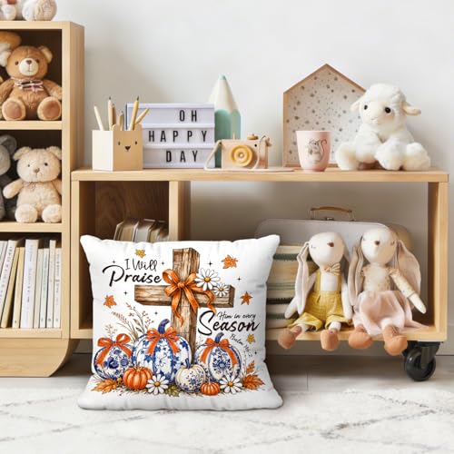 Fall Chinoiserie Pumpkin Christian Cross Throw Pillow Covers 18x18 - color: Pumpkin-1