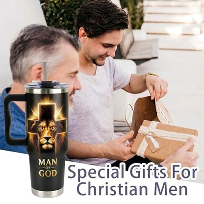 Christian Gifts for Men, Religious Gifts for Mens, Man of God Gifts, Christian Gifts for Husband, Dad, Grandpa, Fathers Day, Birthday, Christmas, 40 Oz Tumbler with Handle Lid Insulated - color: Christian Men