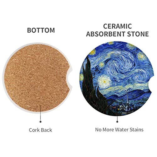 Britimes Car Coasters for Drinks, 2 Pack Ceramic Stone 2.56" Abstract - color: Van Gogh