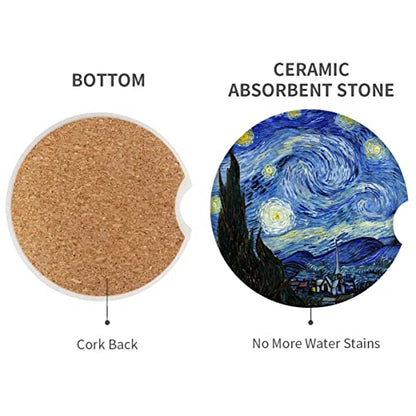 Britimes Car Coasters for Drinks, 2 Pack Ceramic Stone 2.56" Abstract - color: Van Gogh