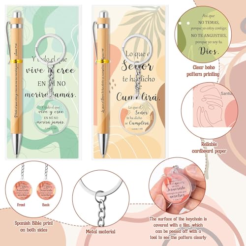 ANGOLIO 230 Spanish Christian Colorful Boho Religious Gifts Bulk Easter Gift Regalos Cristianos En Español Bible Verse Bamboo Pen Keychain Bookmark Inspirational Gift for Women Men VBS Church Favor - style: Colorful Boho