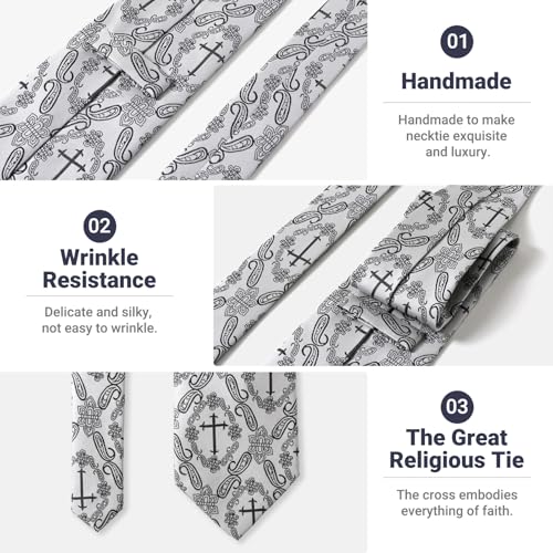 Mens Religious Necktie 3.27" (8.3CM) Christian Cross Jesus Easter Ties - color: Black Cross - Silver