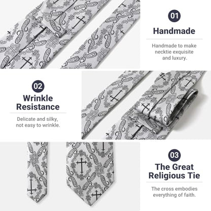 Mens Religious Necktie 3.27" (8.3CM) Christian Cross Jesus Easter Ties - color: Black Cross - Silver