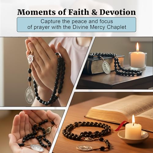SANCTUM VERITAS Saint Faustina Kowalska True Relic Chaplet Apostle Divine of Mercy Miraculous Medal Jesus I Trust in You Chaplet Three O' Clock Prayer Poland Polish Novena - color: Black on the Cord
