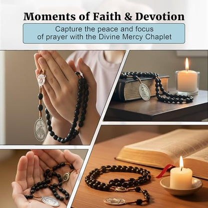 SANCTUM VERITAS Saint Faustina Kowalska True Relic Chaplet Apostle Divine of Mercy Miraculous Medal Jesus I Trust in You Chaplet Three O' Clock Prayer Poland Polish Novena - color: Black on the Cord