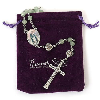 Nazareth Store Natural Stone Beads with Miraculous Epoxy Heart Metal Beads Rosary Necklace Gemstone Christian Gifts - color: Green Aventurine